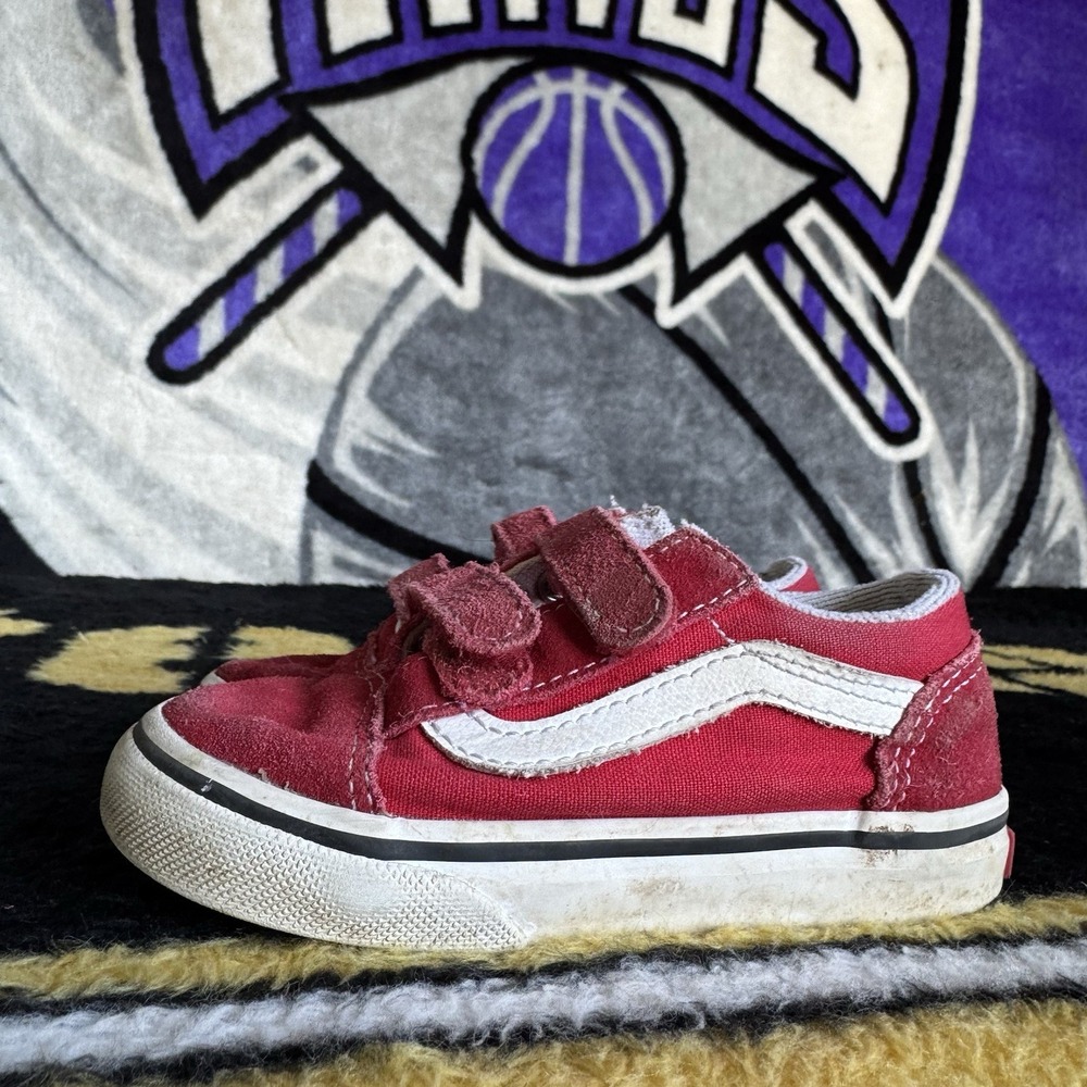 Size 8c - Vans Old Skool V Toddler Red Hook & Loop Canvas Suede Sneakers Shoes